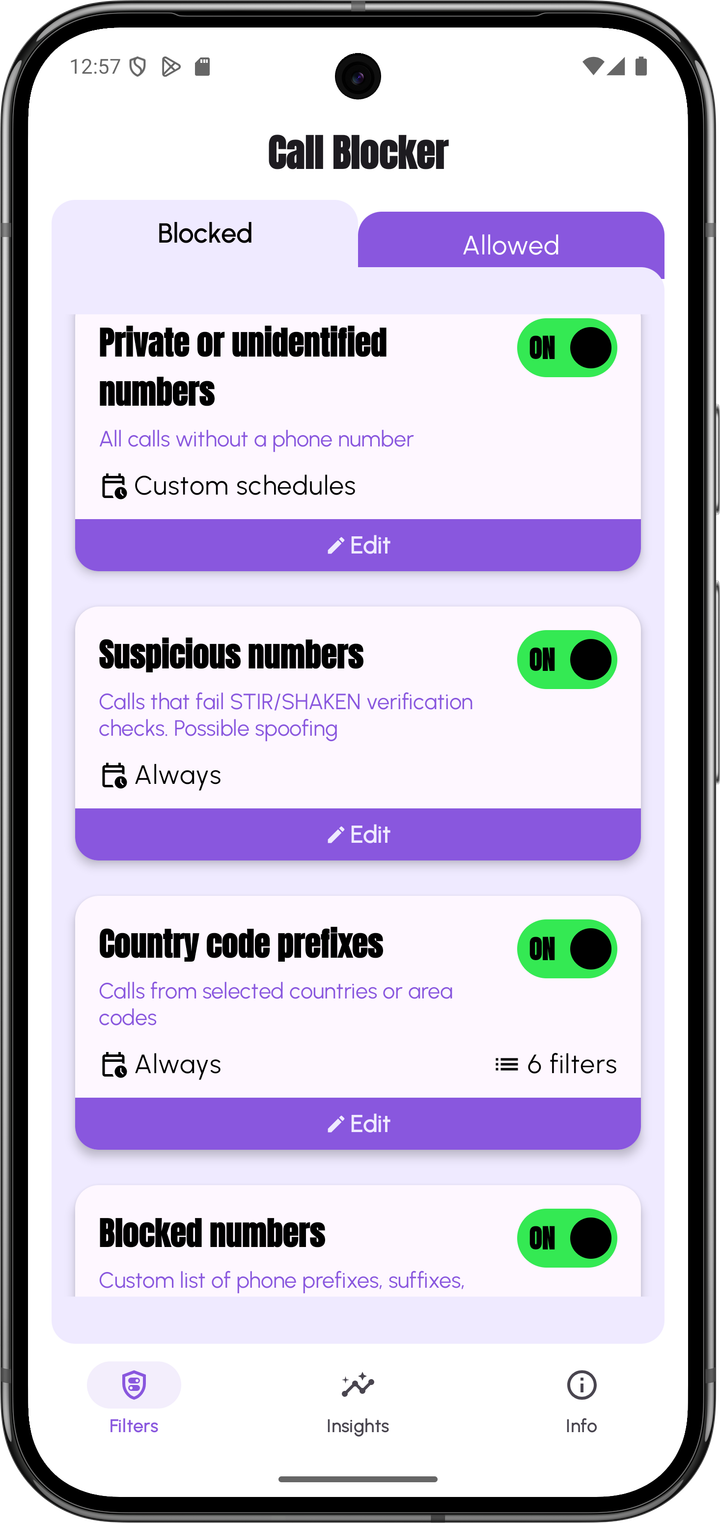 Call Blocker home screen with the Blocked filters switched on